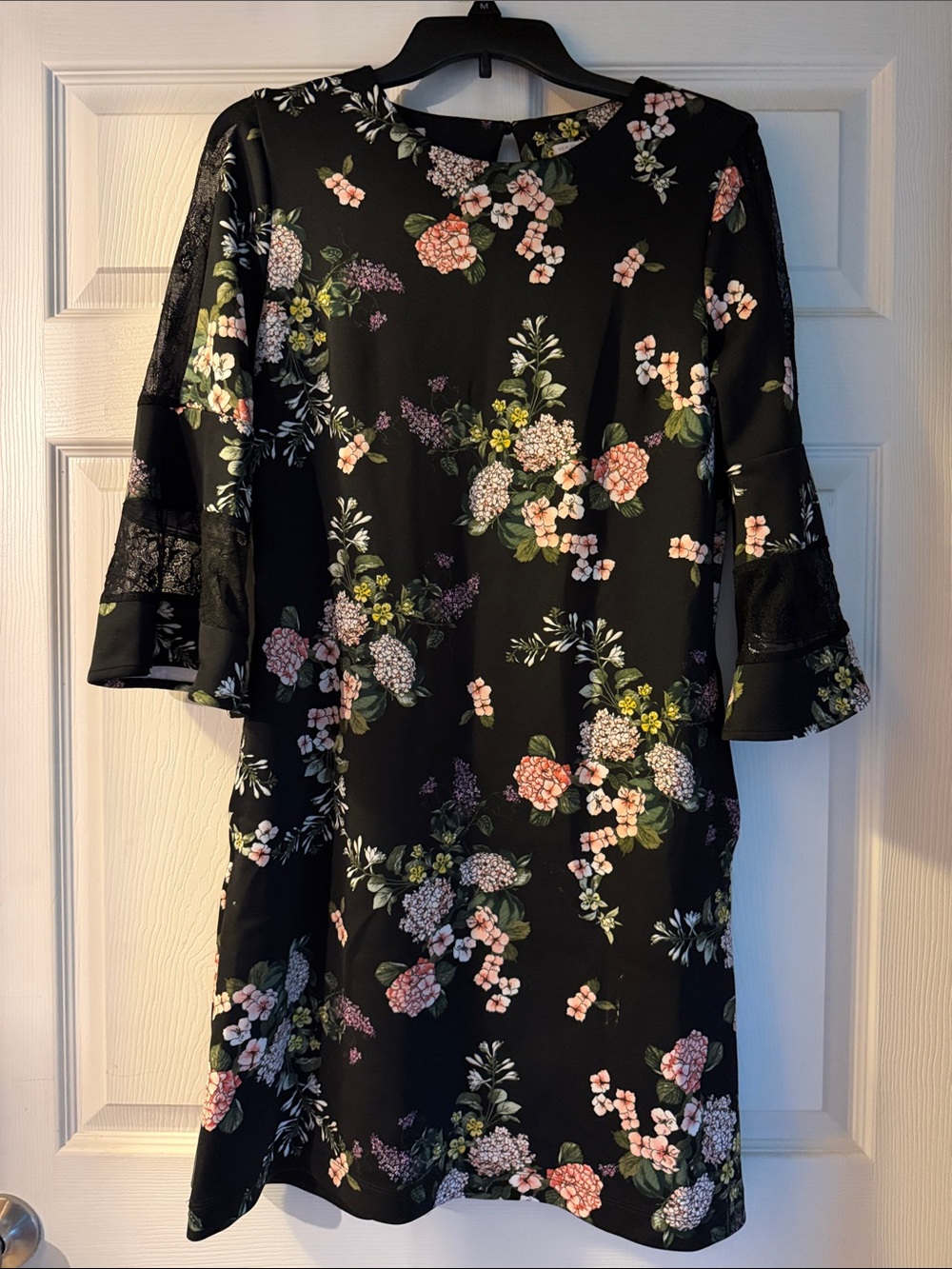 New York & Company Black Floral Midi Dress with Pink and Green Blooms